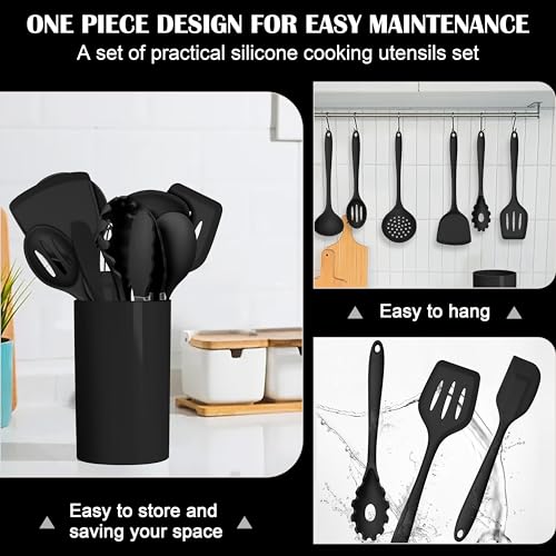 HaWare 14 PCS Silicone Cooking Utensils Set, Kitchen Utensils, Black - color: Black