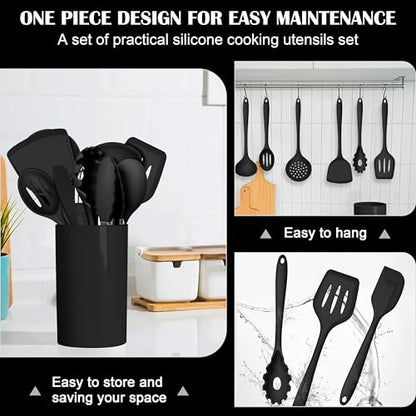 HaWare 14 PCS Silicone Cooking Utensils Set, Kitchen Utensils, Black - color: Black