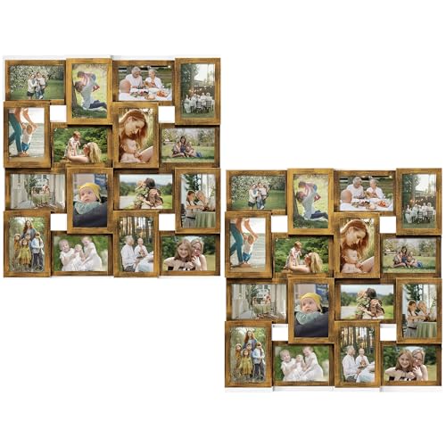 J.M.Deco 2 Pack - 16 Opening Picture Frames Collage Wall Decor, for 4x6 Photo Frame, One-Piece, with Metal Hooks -Retro Gold - color: Retro Gold * Square
