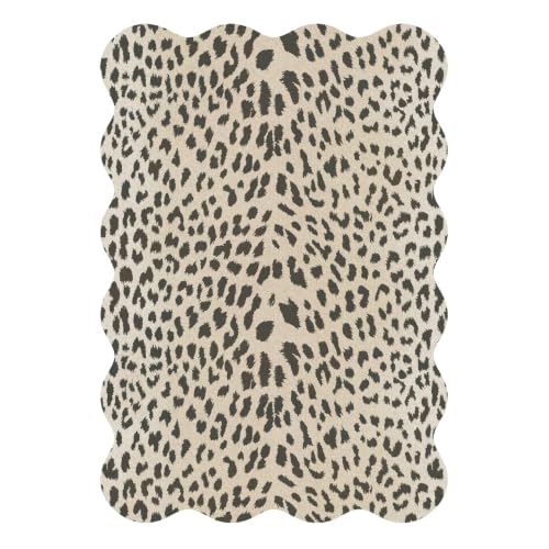 2x3 Small Rug Leopard Door Mat Indoor for Entryway Bathroom, Washable | Cheetah Animal Print, Non Slip, Kitchen Front Doormat Inside Entrance Hallway, Beige Brown, Water Repellent, Thin Low Pile - color: Leopard / Beige and Brown / Scalloped, size: 2' x 3