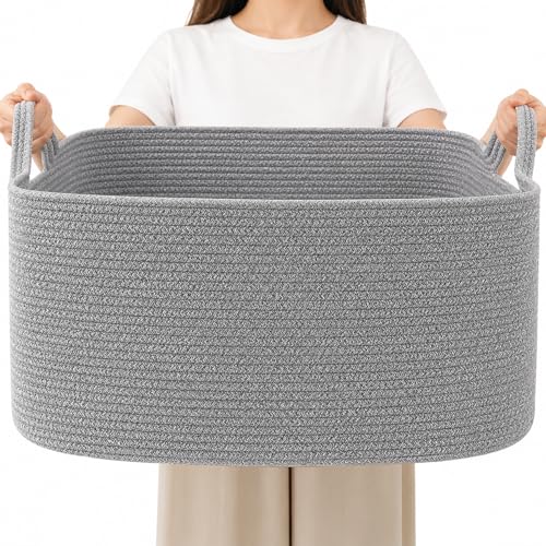 65L Large Laundry Basket with Handles, Woven Blanket Basket, Grey | 21"×16"×12" Collapsible Cotton Rope Storage Basket for Toys Clothes & Pillows, Nursery, Bathroom, Bedroom, Living Room - color: Grey, size: 65L