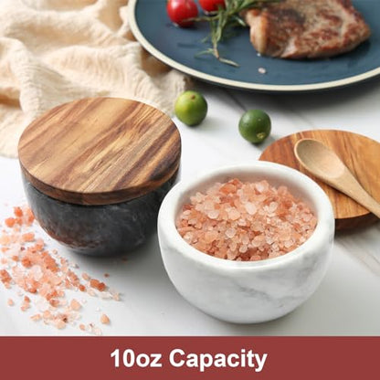 jalz jalz White Marble Salt Cellar with Wood Lid, Large 10oz & Spoon - color: Natural Cover White Base