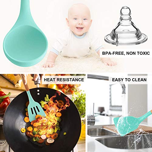 MIBOTE Silicone Cooking Kitchen Utensils Set, Wooden Handle, Teal | BPA-Free, Non-Toxic Silicone Turner, Tongs, Spatula, Spoon Set – Great for Nonstick Cookware, Heat-Resistant, Easy Clean - color: Green