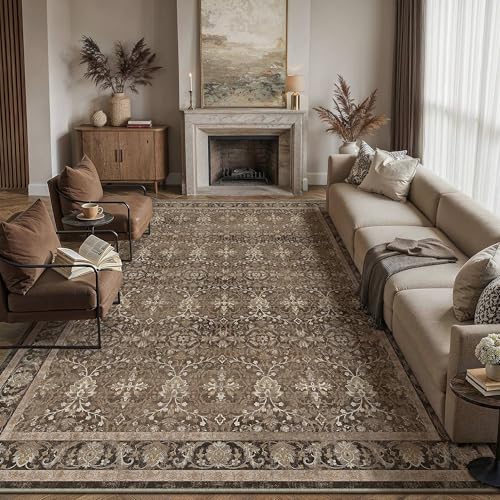 Brown 9x12 Washable Area Rugs for Living Room | Living Room Rug,Vintage Rug,Bedroom,Dining Room,Office,Farmhouse,Non-Shedding,Non Slip,Low Pile,Soft - color: Brown, size: 9' x 12' (Rectangular)