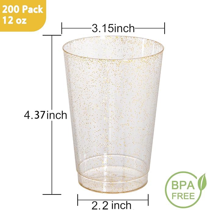 I00000 200 Pack 12 oz Gold Glitter Cups, Premium Clear Disposable Gold Cups | Gold Plastic Wine Glasses, Cocktail Glasses, Heavy Duty, Elegant Glitter Plastic Cups for Birthday, Wedding & Party - color: Glitter-12oz-200