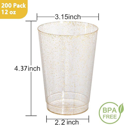 I00000 200 Pack 12 oz Gold Glitter Cups, Premium Clear Disposable Gold Cups | Gold Plastic Wine Glasses, Cocktail Glasses, Heavy Duty, Elegant Glitter Plastic Cups for Birthday, Wedding & Party - color: Glitter-12oz-200