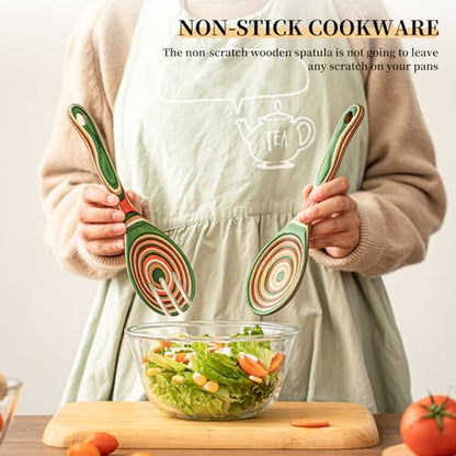 Gudamaye Pakkawood Wooden Salad Server Set,10.5 inch Salad Tongs for Serving including Salad Mixing Dinner Fork and Spoon,Long Handle Salad Server Set - color: Green