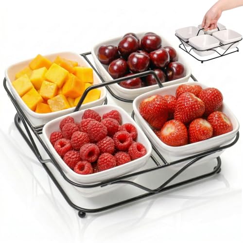 Pumtus Ceramic Divided Serving Dishes, 4 Removable Snack Bowls with Metal Stand, 9 Inch Appetizer Platter with Handle, Dip Bowls for Party, Condiment Serving Relish Tray for Chips & Dips, Nut, Candy