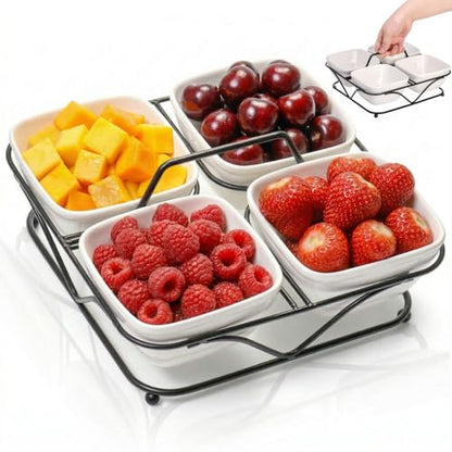 Pumtus Ceramic Divided Serving Dishes, 4 Removable Snack Bowls with Metal Stand, 9 Inch Appetizer Platter with Handle, Dip Bowls for Party, Condiment Serving Relish Tray for Chips & Dips, Nut, Candy