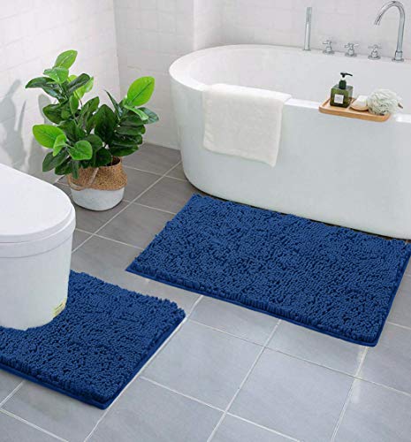 Bathroom Rugs Sets 2 Piece, Luxury Chenille Bath Mat Set, Soft Plush Anti-Slip Bath Rug + U-Shaped Toilet Mat. Microfiber Shaggy Carpet, Super Absorbent. (31''x 20'' Plus 20'' x 20'' U, Blue) - color: Blue, size: 2 Piece Set