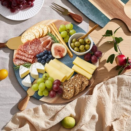 Green Marble Cutting Board Marble and Wood Charcuterie Board Gift Set House Warming Gifts New Home with Cheese Knives Acacia Cheese Platter with Handle for Valentine's Day Wedding Party Gift(Round) - style: Round