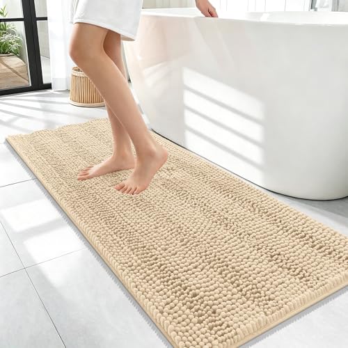 OLANLY Thick Bathroom Runner Rugs 47x17, Soft Chenille Bath Rugs, Beige | Absorbent Striped, Rubber Backing, Machine Wash, Long Bath Mats for Bathroom Floor, Tub and Shower, Home Decor Accessories - color: Beige, size: 47" X 17"