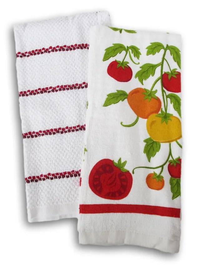 100% Cotton Kitchen Towel Set 2 Pack (Tomatoes and Red Stripe) - color: Tomatoes and Red Stripe