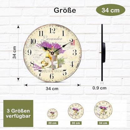 TAHEAT Romantic Lavander Wall Clock, French Purple Love Floral Clocks, Accurate Decorative Easy to Read Wall Clock for Living Room/Bedroom/Bathroom/Kitchen, 14 Inch - size: 14 inch
