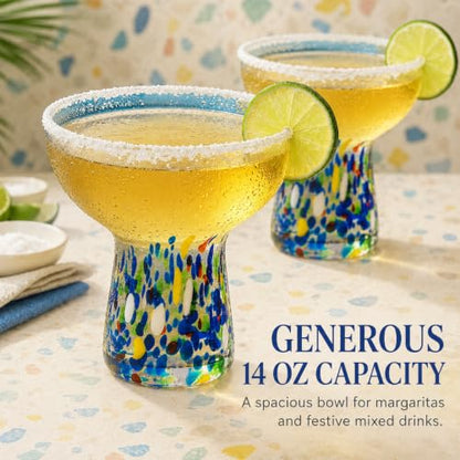 Large Stemless Hand Blown Confetti Margarita Glasses - 14 oz - Set of 2 | Colorful Artisan Glassware, Perfect for Margaritas, Martinis, Wine, Cocktails & Champagne, Great for Cinco de Mayo & Parties - style: Mexican Confetti Margarita Glass