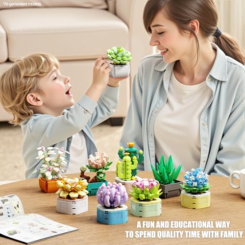 TYCOLE 9 in 1 Tiny Flowers Succulents Artificial Plant Set-Creative Botanical Building Block Toy, Botanical Collection for Office&Home Decor, Birthday Gift for Adults and Kids 8-12(832 PCS)