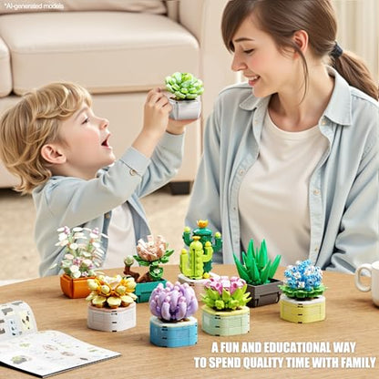 TYCOLE 9 in 1 Tiny Flowers Succulents Artificial Plant Set-Creative Botanical Building Block Toy, Botanical Collection for Office&Home Decor, Birthday Gift for Adults and Kids 8-12(832 PCS)