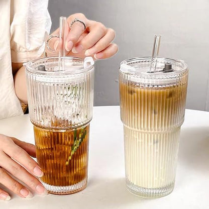 2PCS 20oz Glass Cups with Lids and Straws, Iced Coffee Cups with Lids, Stylish Ribbed Thick Drinking Glasses Tumbler for Juice, Smoothies, Cold Beverages, Cute Cup Gifts with Clean Brush - color: Clear Glass 2PCS