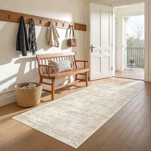 3x6 Runner Rug Non Slip,Washable Hallway Runner Rug,Beige | Neutral Rugs for Kitchen,Entryway,Bedroom,Bathroom,Nursery Room,Thin,Soft Runner Rug,Stain Resistant Indoor Carpet - color: Beige/Ivory, size: 3' x 6' (Runner)