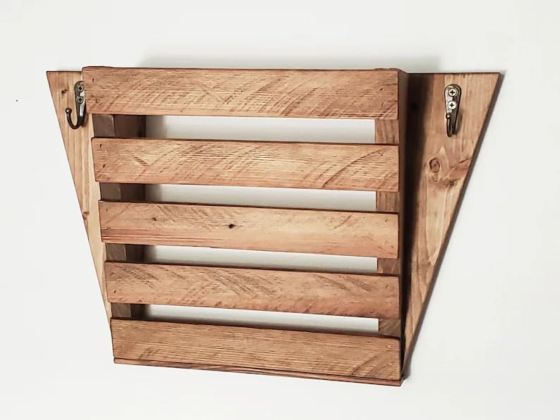 Rustic Wood Wall Mount Mail Organizer with Hooks, Farmhouse Wooden Wall Letter Holder, Key Holder Mail Sorter for Entryway, Kitchen, Office, Home Decor