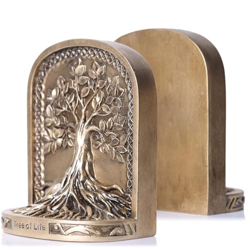 Tree of Life Bookends,Heavy Duty L-Shaped Resin Book Ends,2 Non-Skid Heavy Bookends for Shelves/Desktop/Bookshelf Decor,Celtic Mythology Sculpture,Vintage Accessories,Housewarming Gift (Bronze) - color: Bronze