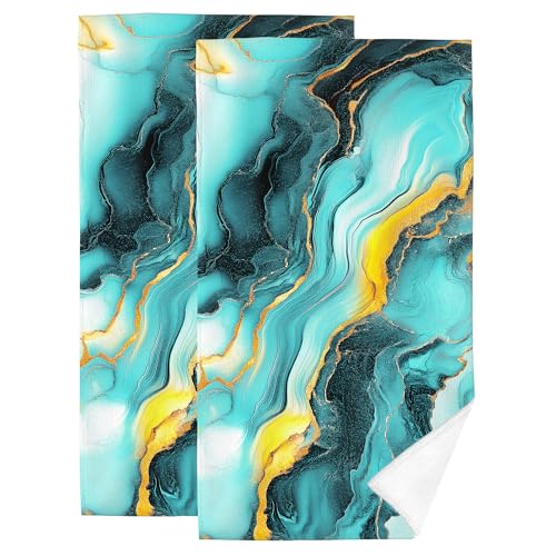 Green Teal Gold Bath Hand Towels Set of 2 Soft Absorbent Abstract Marble Texture Decorative Bathroom Hand Towels for Bathroom Kitchen Home Spa Hotel Yoga Farmhouse Decor - color: Green Teal