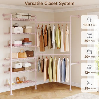 L2 Wall Mounted Closet System, Industrial Pipe Clothing Rack, Pink | Metal Clothes Rack with 2 Telescopic Rods & 6 Shelves, Heavy Duty Closet Organizers for Wardrobe, Reach-in & Walk-in Closets - color: Pink