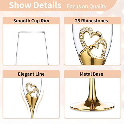 NUPTIO Gold Crystal Champagne Flutes, Wedding Gifts for Couple, Set of 2 | 6.76oz Rhinestone Rimmed Heart Toasting Glasses, Wine Cups for Anniversary, Engagement, Valentine's Day, Bridal Shower - color: Gold