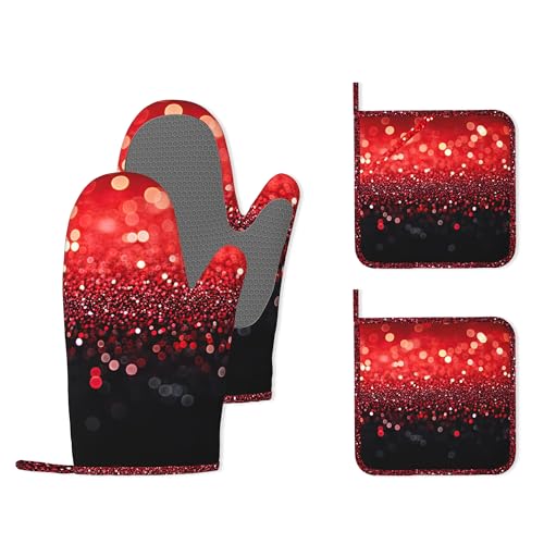 Red Gradient Sparkle Heat-Resistant Silicone Oven Mitts and Pot Holders,Long Oven Gloves with Non-Slip Grip for Cooking, Baking, Grilling,BBQ - color: Red Gradient Sparkle