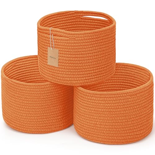 3 Pack Small Rope Storage Baskets, 9.82×9.82×7.1", Orange | Cotton Basket for Gifts Empty, Cute Round Woven Basket, Decorative Shelf Basket Organizer, Organizing Basket for Shelves - color: Orange-3PCS