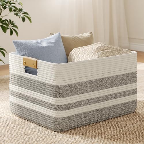 Nunsino 75L Woven Blanket Basket with Leather Handles, Cotton Rope Laundry Basket Hamper,Decorative Nursery Basket Toy Storage Basket for Kids, Living Room, Bedroom, Bathroom,Gray White - color: Grey White, size: 75L