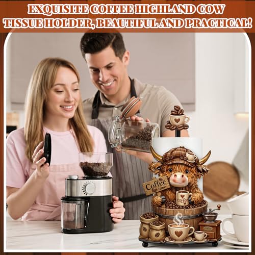 Coffee Highland Cow Paper Towel Holder Coffees Kitchen Decor Farmhouse Metal Highland Cow Coffee Bar Accessories Stand with Round Base for Home Bathroom Countertop Toilet Caffee Lover Gifts - style: Coffee