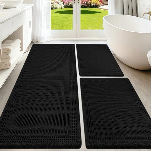 Upgraded Waffle Bath Mat Set 3 Piece Black-Bordered, Super Absorbent Non-Slip Quick Dry Bathroom Rugs with Tassels, Machine Washable Ultra Soft Boho Bath Rugs for Floor, Bath Mats Boho Farmhouse Decor - color: Black, size: 48"x24"+36"x24"+24"x17"