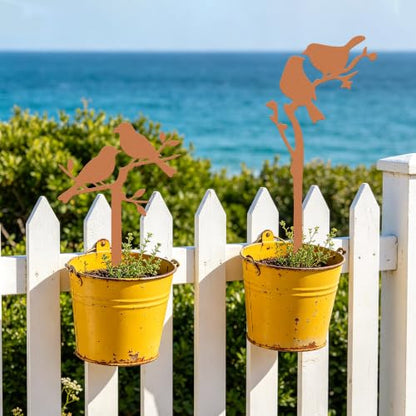 Metal Birds Garden Stake Set 2, 14.6 Inches | Rustproof Metal With Faux Rust, For Lawn, Flower Beds, Planters, Indoor Pots, Bird Silhouette Design