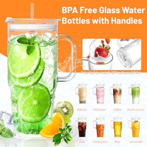Birity 2Pack 40OZ Glass Tumbler with Handle,Glass Cup with Lid and Straw,Reusable Glass Iced Coffee Cup for Beer, Smoothies, Juice,Hot/Cold Drinks-Suitable for Birthday,Wedding - color: 40 oz 2-pack borosilicate