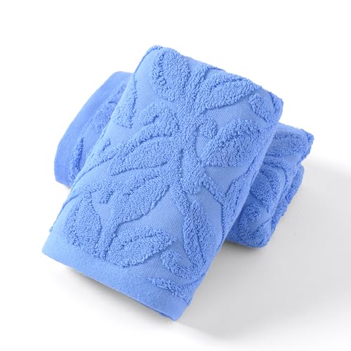 YiLUOMO Embossed Floral Pattern Hand Towel Set of 2 100% Cotton Super Soft Highly Absorbent Decorative Hand Towels for Bathroom Home 13x 29 Inch, Aqua Blue - color: Aqua Blue