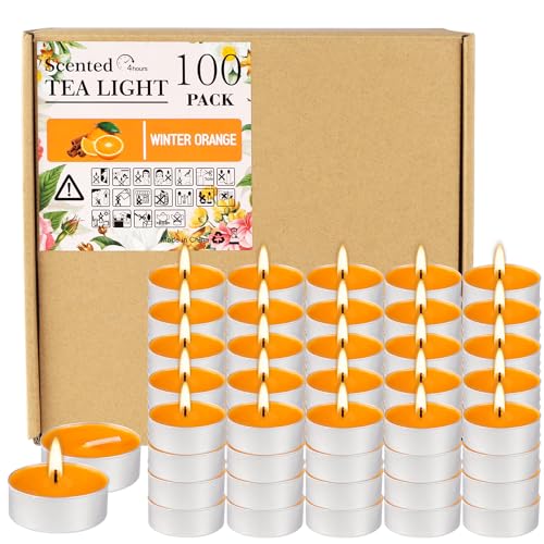 100 Pack Scented Tealight Candles 4 Hours, Winter Orange Aromatherapy Candles for Votive Home, Wedding Holiday and Emergency (Orange) - color: Orange, size: 100 Pack
