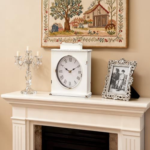 Vintage Mantel Clock, Large Rustic Distressed Metal Table Clock with Handle, Silent Non-Ticking Quartz Movement, Whitewashed Fireplace Shelf Desk Clock for Living Room Bedroom Office - style: White Clock