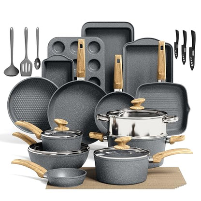 Kitchen Academy 30 Piece Induction Cookware & Bakeware Set | Non Toxic Pots and Pans Set Non Stick, Grey Granite Cooking Pans Set, PFOA & PFAS Free - color: Gray, size: 30 PCS Cookware Set