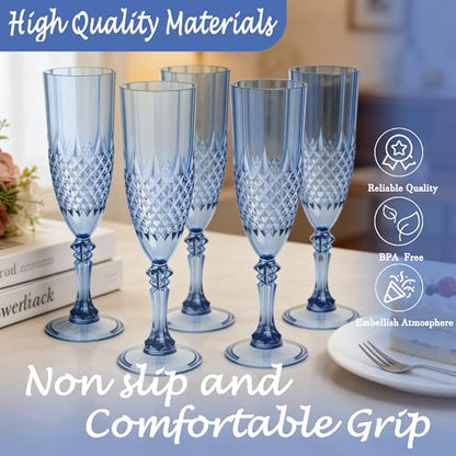 12 Pack Plastic Champagne Flutes, Blue Reusable Champagne Glass | Unbreakable Hard Plastic Mimosa Cups Bulk with Stem, Fancy Stemware for Wedding, Party & NYE Celebration - color: Blue