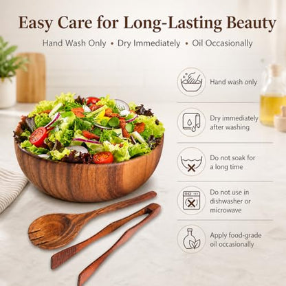 Acacia Wood Salad Bowl Set with Serving Utensils, 9 Inch Wooden Serving Bowl with Salad Fork and Tongs, One-Piece Glue-Free Crack Resistant Bowl for Salad, Fruit, Pasta and Snacks