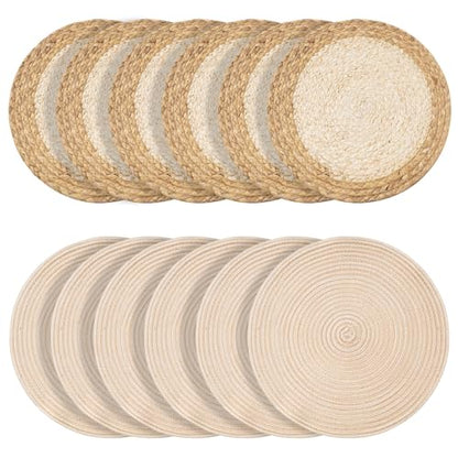 Handmade Round Boho Placemats Set of 6 | Natural Woven & Polyester Braided Combo Table Mats | 12-Piece Versatile Place Mats | Simple Rustic Farmhouse Style Dining Table Decor, Beige - color: Beige
