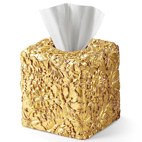 Polytree Square Tissue Box Cover,Tissue Box Holder for Bathroom Home Decor,Hand Carved 3D Florwers Tissue Case,Farmhouse Paper Organizer,Sunflowers Gold