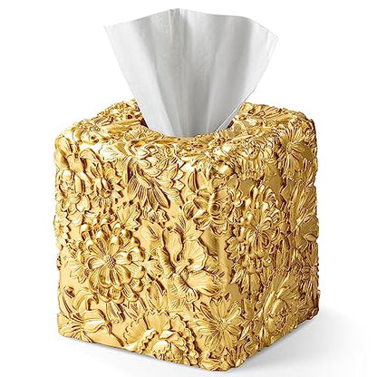 Polytree Square Tissue Box Cover,Tissue Box Holder for Bathroom Home Decor,Hand Carved 3D Florwers Tissue Case,Farmhouse Paper Organizer,Sunflowers Gold