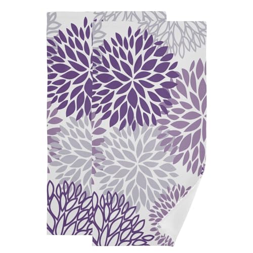 Purple Grey Dahlia Floral Hand Towels for Bathroom Set of 2,Absorbent Elegant Abstrat Modern Flower Geometric Kitchen Towels 14"x28",Decorative Bathroom Towels for Bath,Face,Guest,Hair,Shower - color: Purple Grey