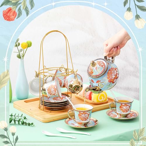 Zhehao 20 Pcs Porcelain Tea Set with Metal Holder and Spoon Adult Ceramic Tea Set European Flower Painting Teapot Cup Saucer Spoon for Women Mom Gift, Large Version (Retro Style) - color: Retro Style