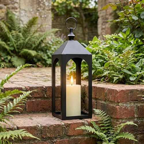 17 Inch Black Metal Outdoor Lantern with Hanging Ring Modern | Farmhouse Candle Lanterns for Porch Patio Fireplace Tabletop Decor No Glass Panel - size: 17Inch