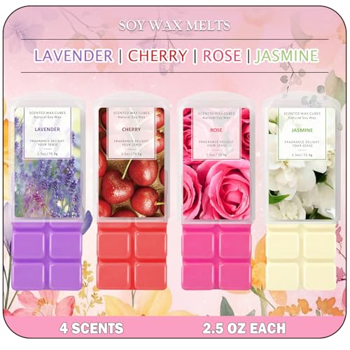 Wax Melts, Scented Melts Cubes for Wax Warmers, 4 x 2.5 oz | Summer Flower Scent Wax Melts - Rose, Lavender, Jasmine, Cherry, Home Fragrance Decor