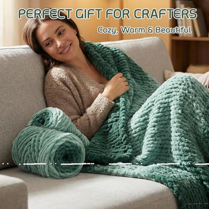 Beginner Chunky Yarn for Hand Knitting Ombre Blankets, Plush Chenille Fade | Long-fade ombre chenille chunky yarn - #7 Jumbo - 42oz/1200g - 81 Yards - Forest Green - color: Forest Green (0.8" Thick)