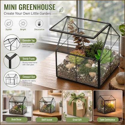 House Shape Glass Terrarium Planter with Swing Lid Black Frame | Black metal frame transparent glass panel, suitable for DIY planting of small succulent plants and mosses - size: 4.3"L x 4.3"W x 4.9"H